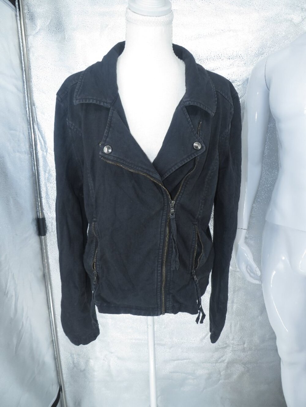 Marrakech Black Biker Moto Jacket Size XL Cotton Stretch Asymmetric Zip Collar
